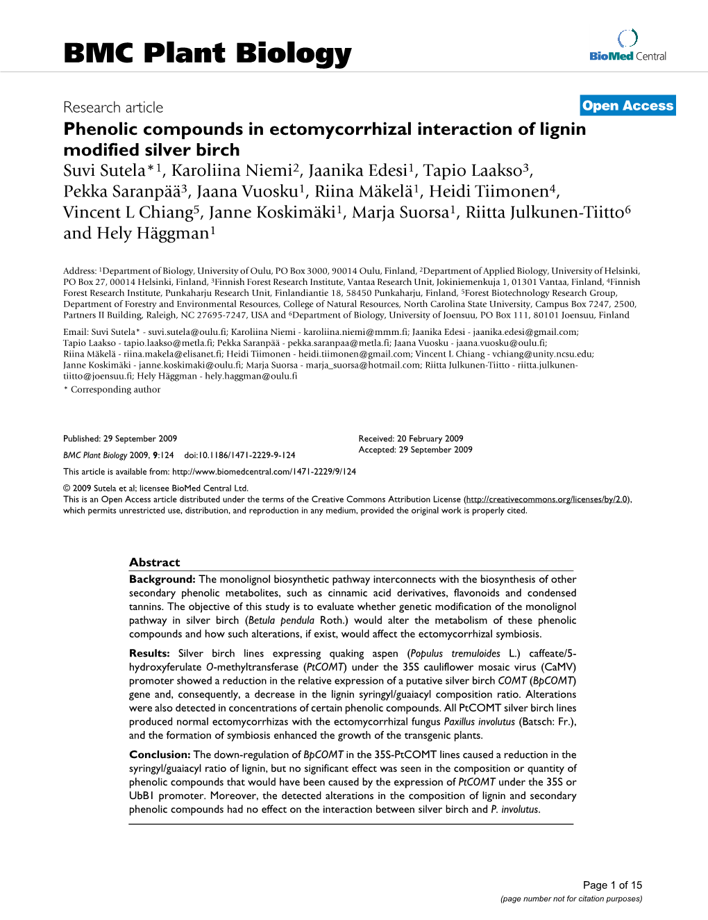 Phenolic Compounds in Ectomycorrhizal Interaction of Lignin Modified Silver Birch