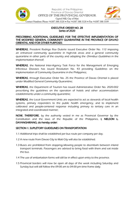 OFFICE of the PROVINCIAL GOVERNOR Capitol Hill, City of Mati Contact Numbers: Phone +6387 388 3120 ● Fax +6387 388 3120 ● Fax +6387 388 3109