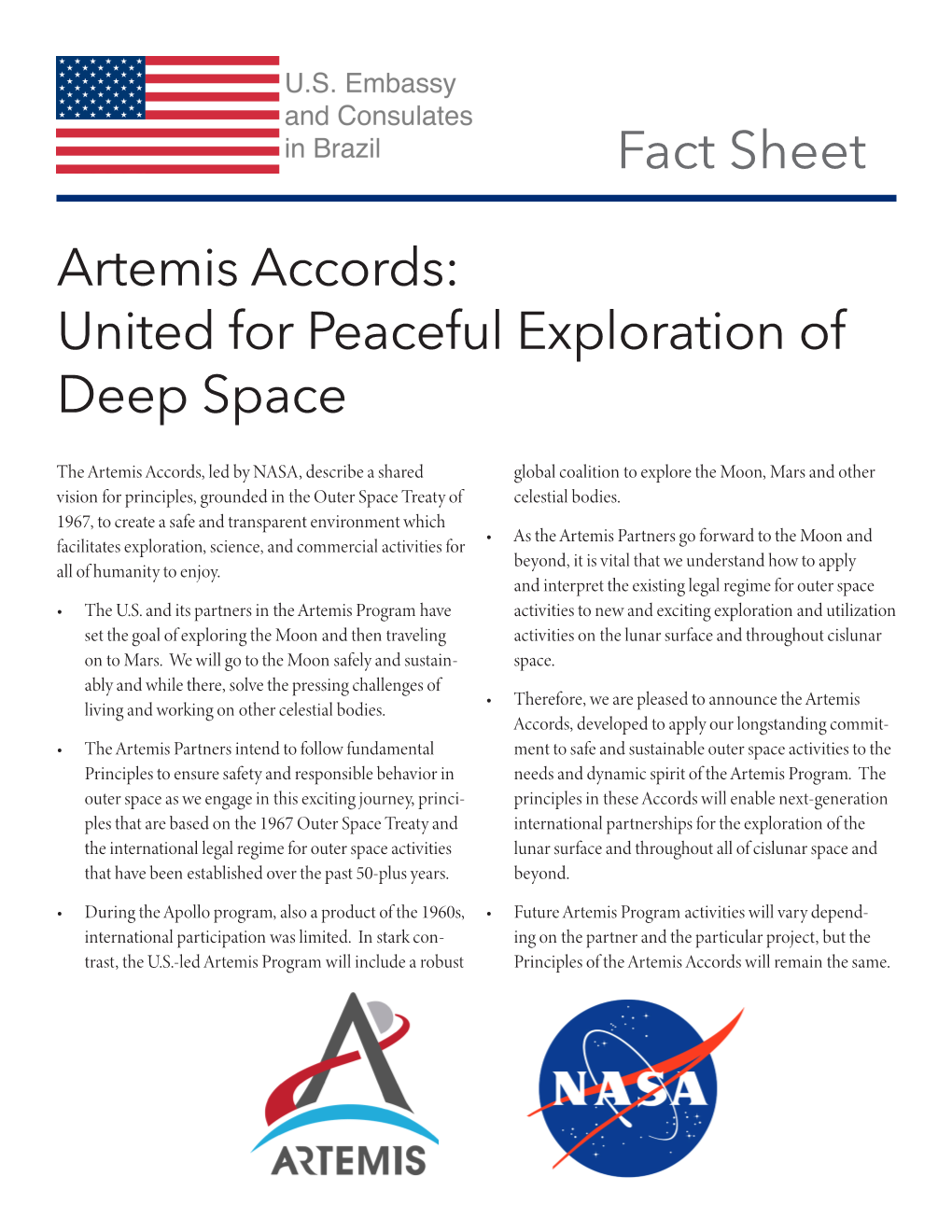 Artemis Accords: United for Peaceful Exploration of Deep Space Fact Sheet