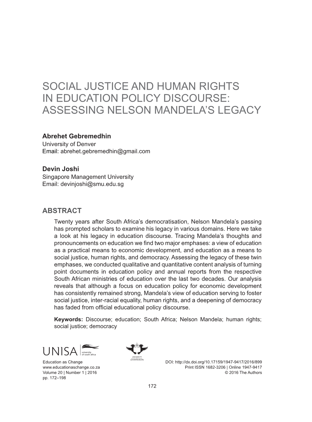 Social Justice and Human Rights in Education Policy Discourse: Assessing Nelson Mandela’S Legacy