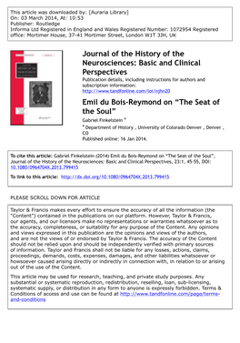 Journal of the History of the Neurosciences: Basic and Clinical Perspectives Emil Du Bois-Reymond On