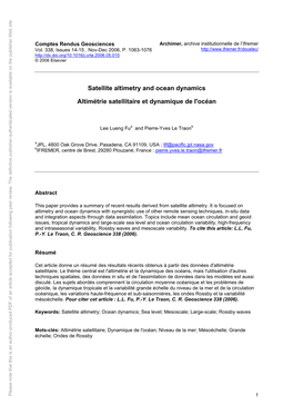 Satellite Altimetry and Ocean Dynamics