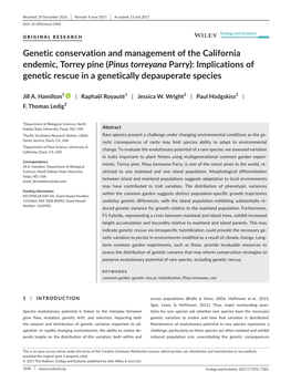(Pinus Torreyana Parry): Implications of Genetic Rescue in a Genetically Depauperate Species