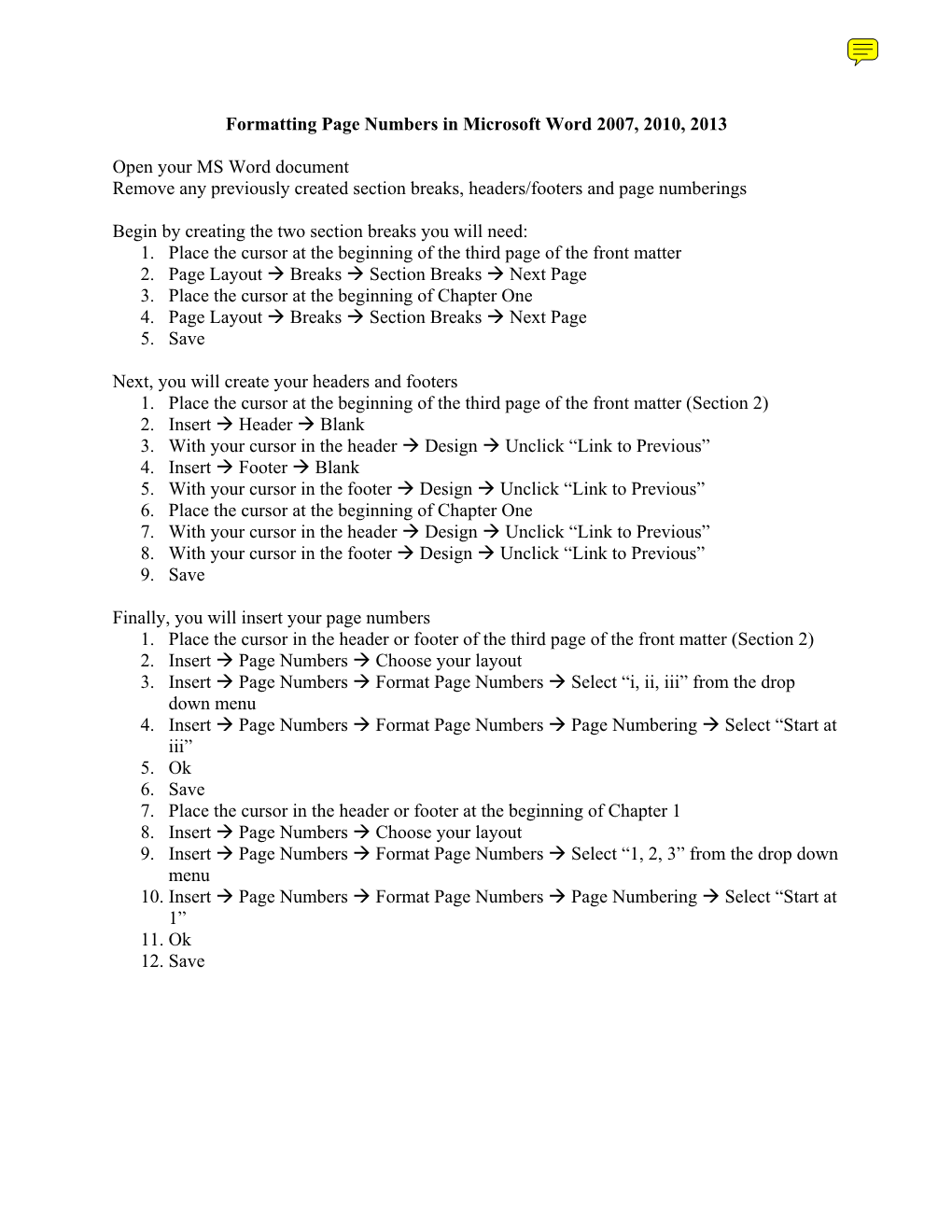 Formatting Page Numbers in Microsoft Word 2007, 2010, 2013