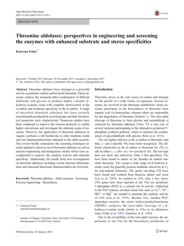 Threonine Aldolases: Perspectives in Engineering and Screening the Enzymes with Enhanced Substrate and Stereo Specificities