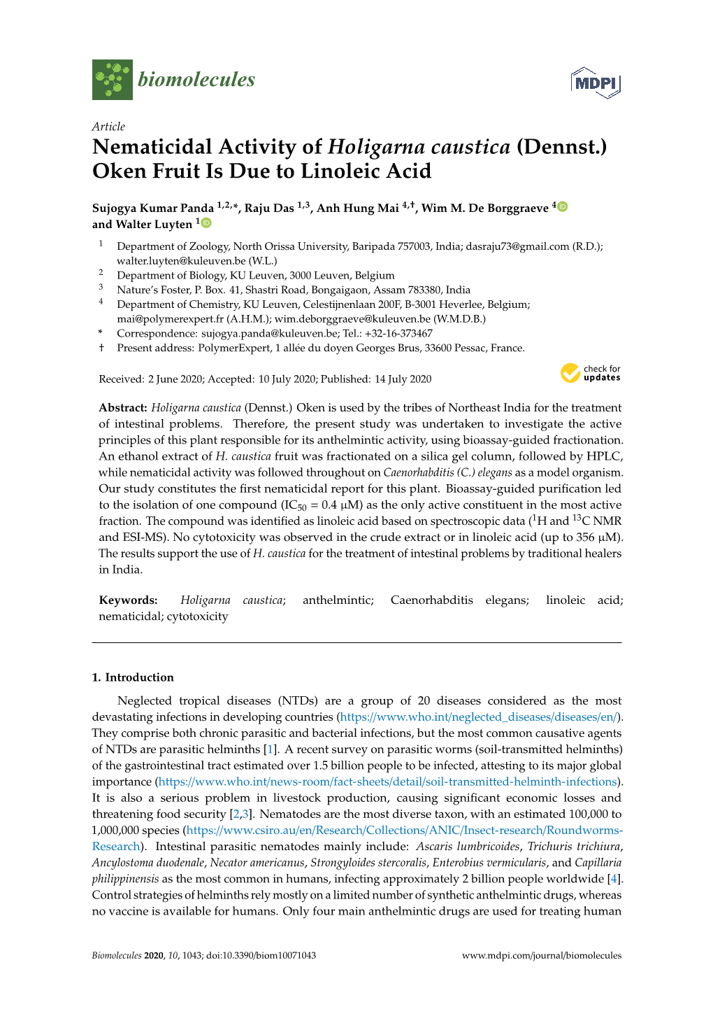 Nematicidal Activity of Holigarna Caustica (Dennst.) Oken Fruit Is Due to Linoleic Acid