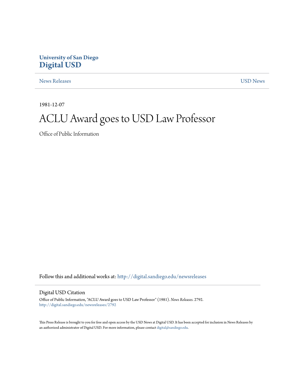 ACLU Award Goes to USD Law Professor Office of Publicnfor I Mation