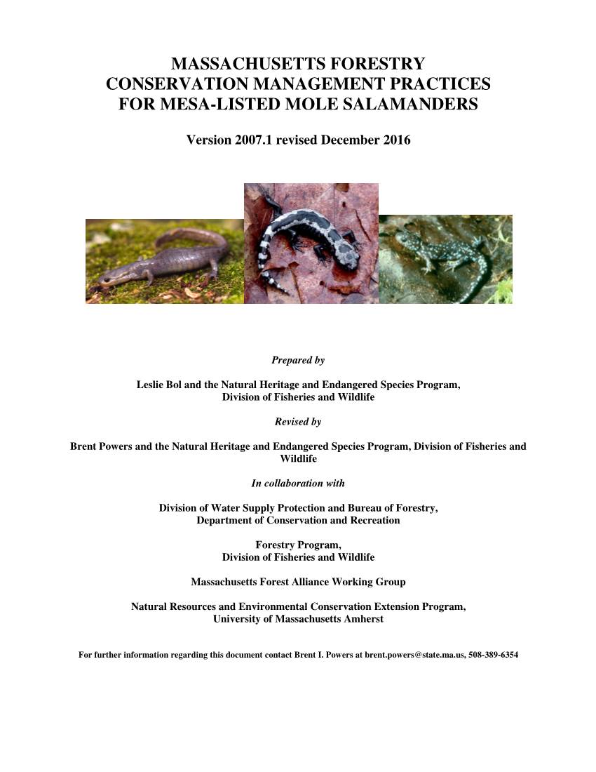 Massachusetts Forestry Conservation Management Practices for Mesa-Listed Mole Salamanders