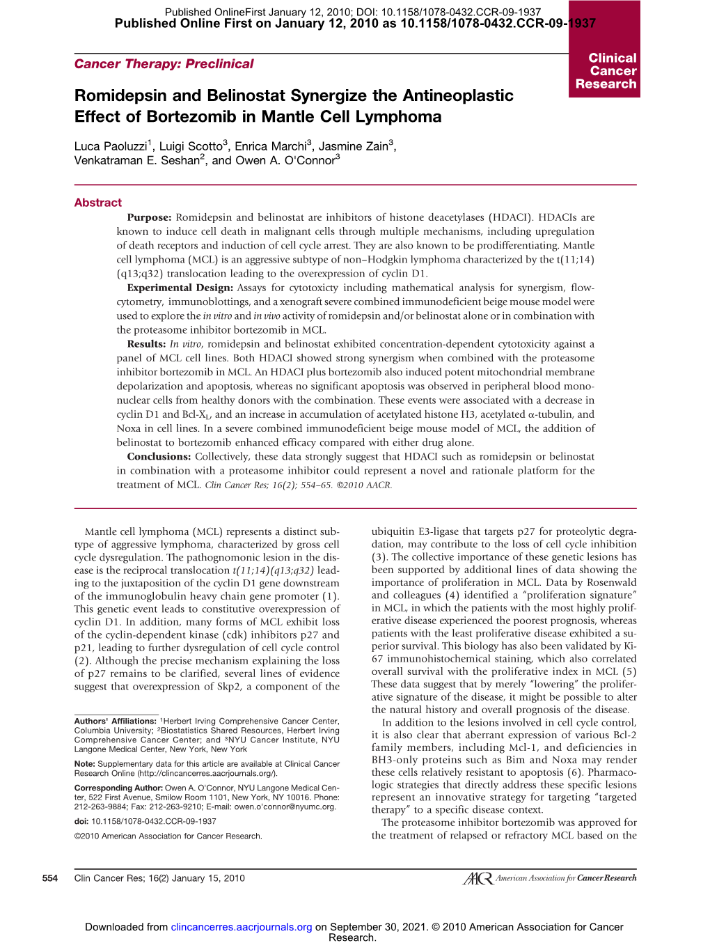 Romidepsin and Belinostat Synergize the Antineoplastic Effect of Bortezomib in Mantle Cell Lymphoma