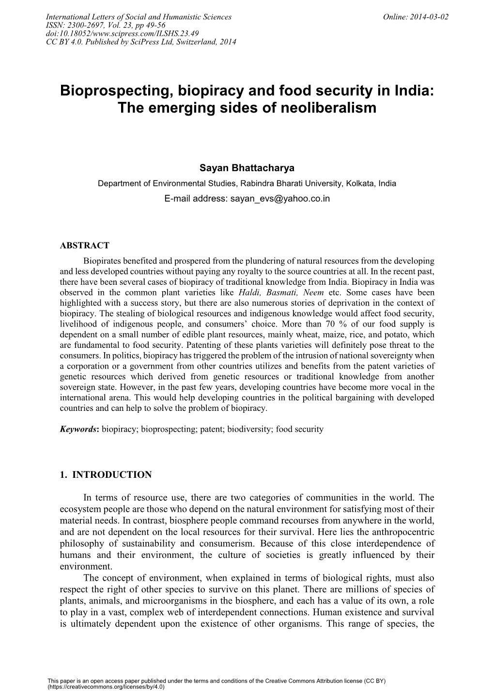 Bioprospecting, Biopiracy and Food Security in India: the Emerging Sides of Neoliberalism