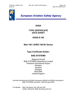 EASA TYPE CERTIFICATE DATA SHEET EASA.A.182 Bae 146