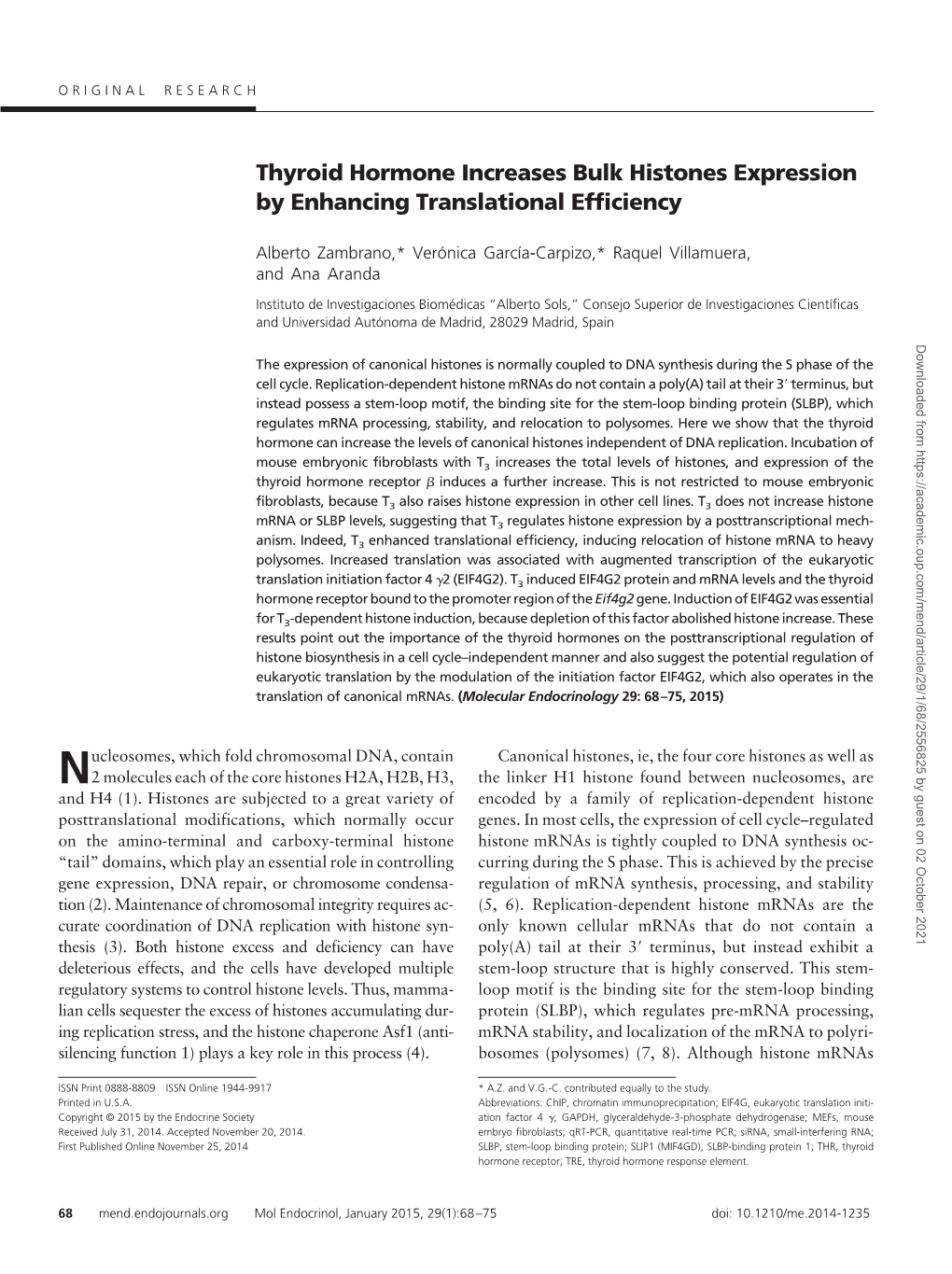 Thyroid Hormone Increases Bulk Histones Expression by Enhancing Translational Efficiency