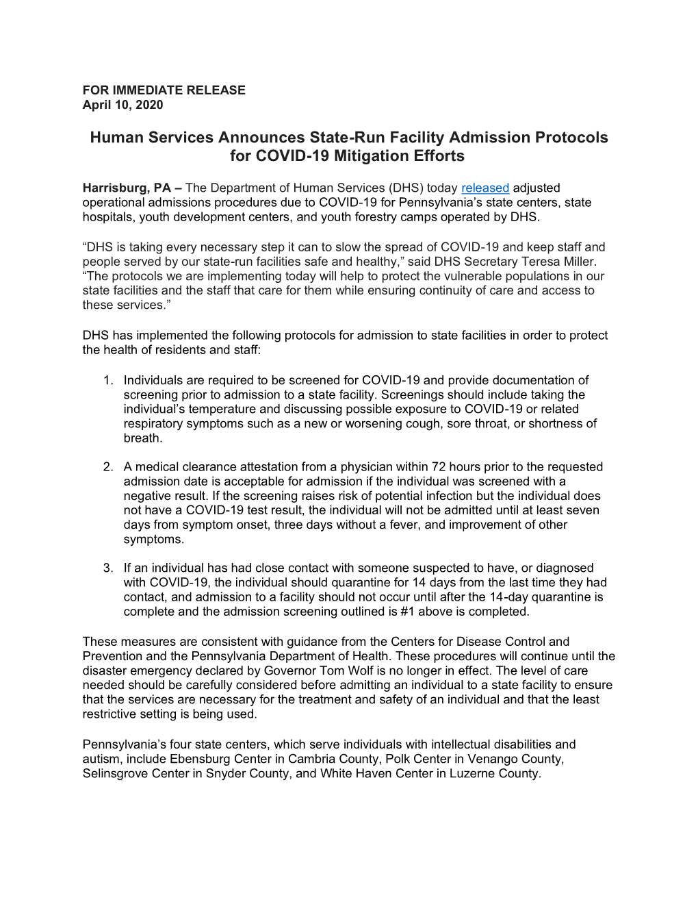 Human Services Announces State-Run Facility Admission Protocols for COVID-19 Mitigation Efforts