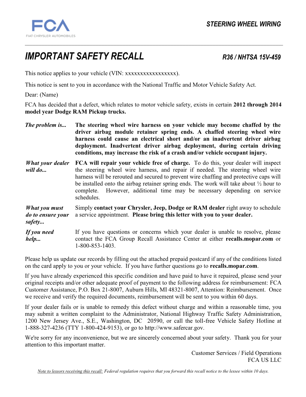 Important Safety Recall R36 / Nhtsa 15V-459
