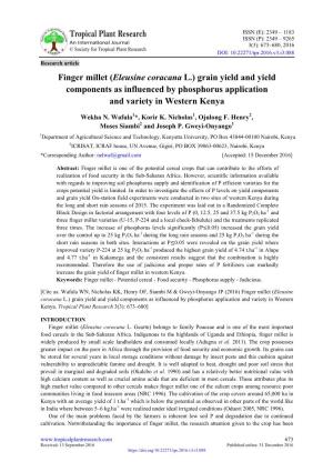 Finger Millet (Eleusine Coracana L.) Grain Yield and Yield Components As Influenced by Phosphorus Application and Variety in Western Kenya