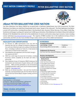 About PETER BALLANTYNE CREE NATION the Peter Ballantyne Cree Nation (PBCN) Has Occupied Lands in Northeast Saskatchewan Since Time Immemorial