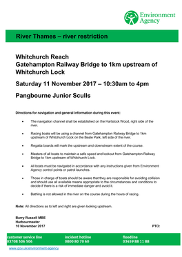 Whitchurch Reach Gatehampton Railway Bridge to 1Km Upstream of Whitchurch Lock