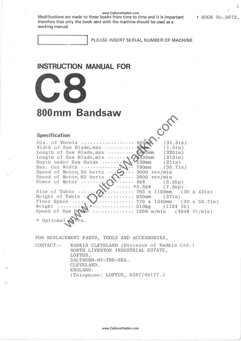 Wadkin C8 Bandsaw Manual & Parts List