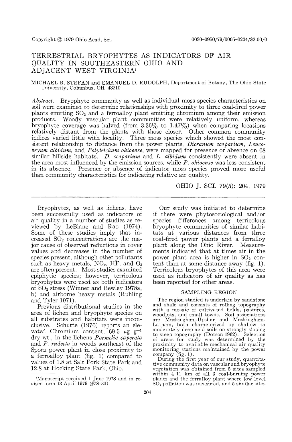 Terrestrial Bryophytes As Indicators of Air Quality in Southeastern Ohio and Adjacent West Virginia1