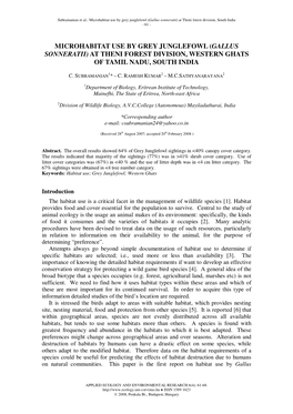 Microhabitat Use by Grey Junglefowl (Gallus Sonneratii) at Theni Forest Division, Western Ghats of Tamil Nadu, South India