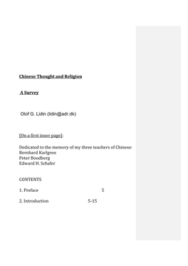 Chinese Thought and Religion a Survey Olof G. Lidin (Lidin@Adr.Dk
