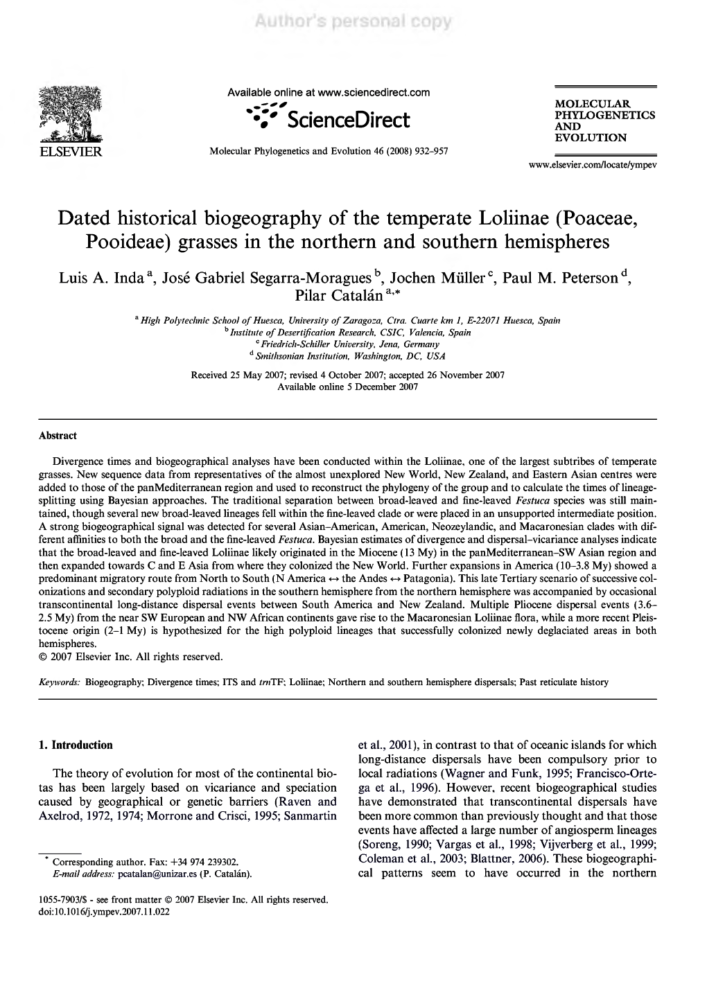 Dated Historical Biogeography of the Temperate Lohinae (Poaceae, Pooideae) Grasses in the Northern and Southern Hemispheres