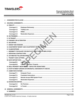 Financial Institution Bond with Extended Coverages Table of Contents