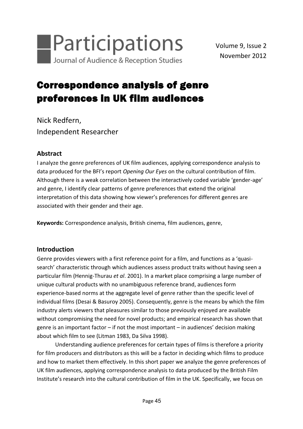 Correspondence Analysis of Genre Preferences in UK Film Audiences