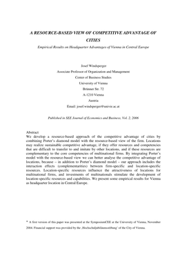 A RESOURCE-BASED VIEW of COMPETITIVE ADVANTAGE of CITIES Empirical Results on Headquarter Advantages of Vienna in Central Europe