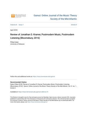 Review of Jonathan D. Kramer, Postmodern Music, Postmodern Listening (Bloomsbury, 2016)
