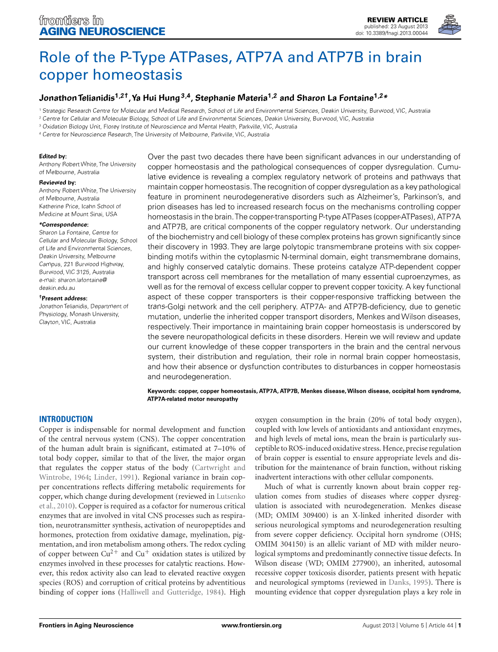 Role of the P-Type Atpases, ATP7A and ATP7B in Brain Copper Homeostasis