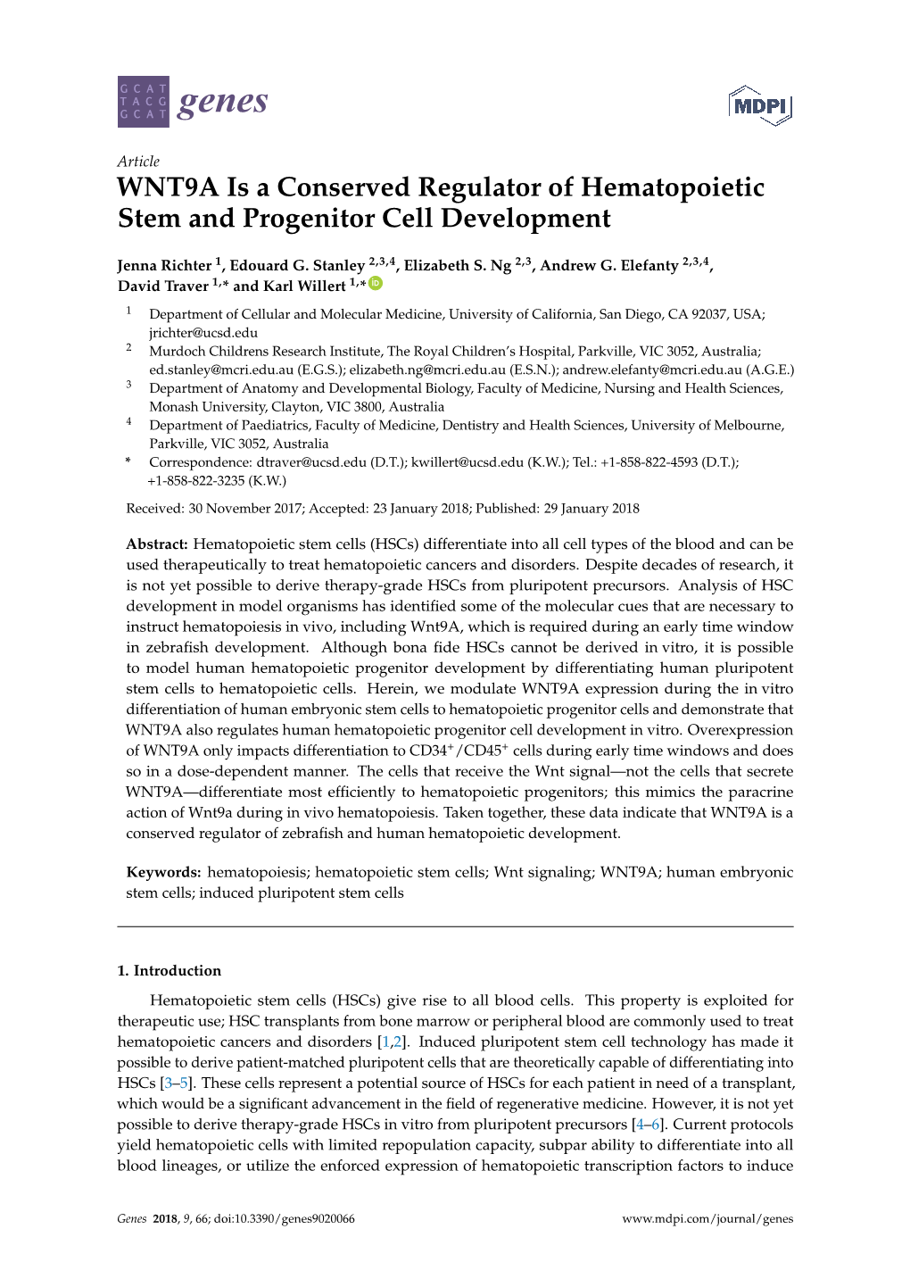 WNT9A Is a Conserved Regulator of Hematopoietic Stem and Progenitor Cell Development