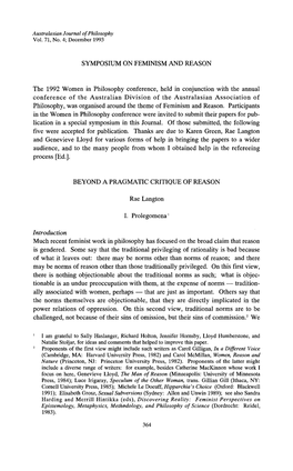 Australasian Journal of Philosophy Vol. 71, No. 4; December 1993 SYMPOSIUM on FEMINISM and REASON the 1992 Women in Philosophy C