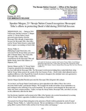 Speaker Morgan, 21St Navajo Nation Council Recognizes Havasupai Tribe’S Efforts in Protecting Dook’O’Slííd During 2010 Fall Session