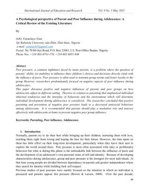 A Psychological Perspective of Parent and Peer Influence During Adolescence: a Critical Review of the Existing Literature