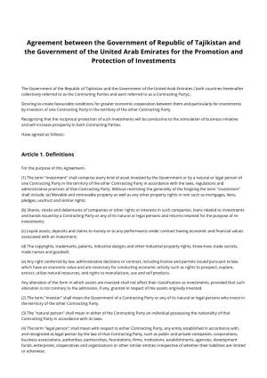 Agreement Between the Government of Republic of Tajikistan and the Government of the United Arab Emirates for the Promotion and Protection of Investments