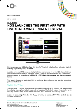 Nos Launches the First App with Live Streaming from a Festival