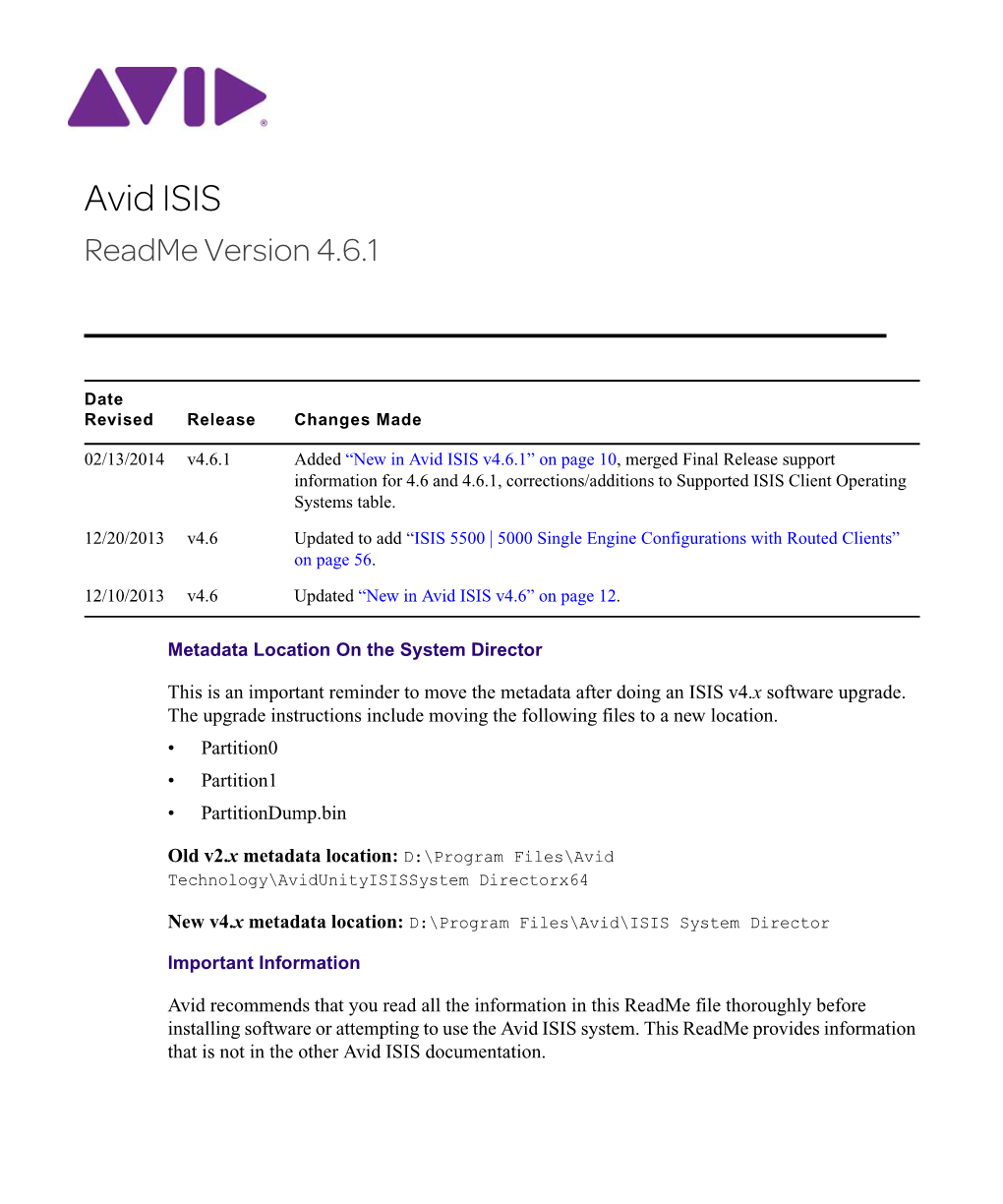 Avid ISIS Readme Version 4.6.1