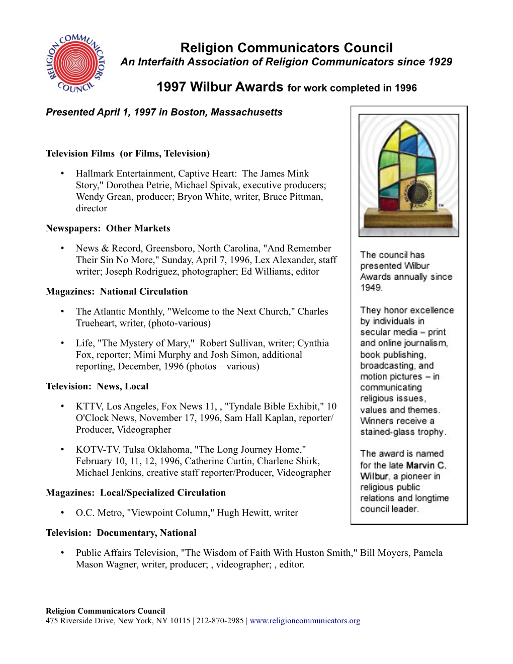 1997 Wilbur Award Winners