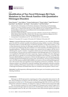 Identification of Two Novel Fibrinogen Bβ Chain Mutations in Two Slovak Families with Quantitative Fibrinogen Disorders