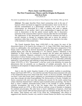 Pierre Janet and Dissociation: the First Transference Theory and Its Origins in Hypnosis John Ryan Haule