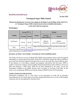 RATING RATIONALE Naraingarh Sugar Mills Limited Particulars