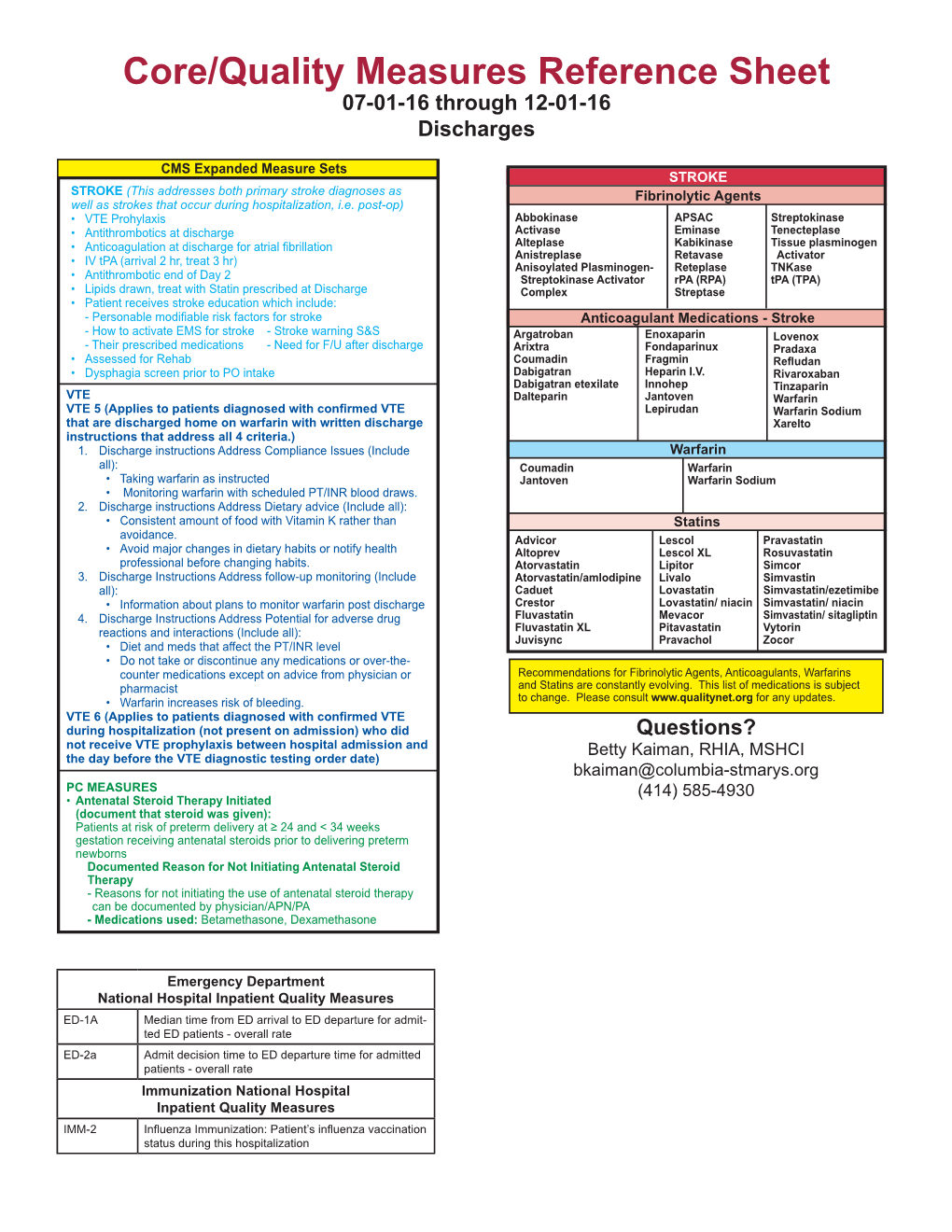 Core/Quality Measures Reference Sheet 07-01-16 Through 12-01-16 Discharges