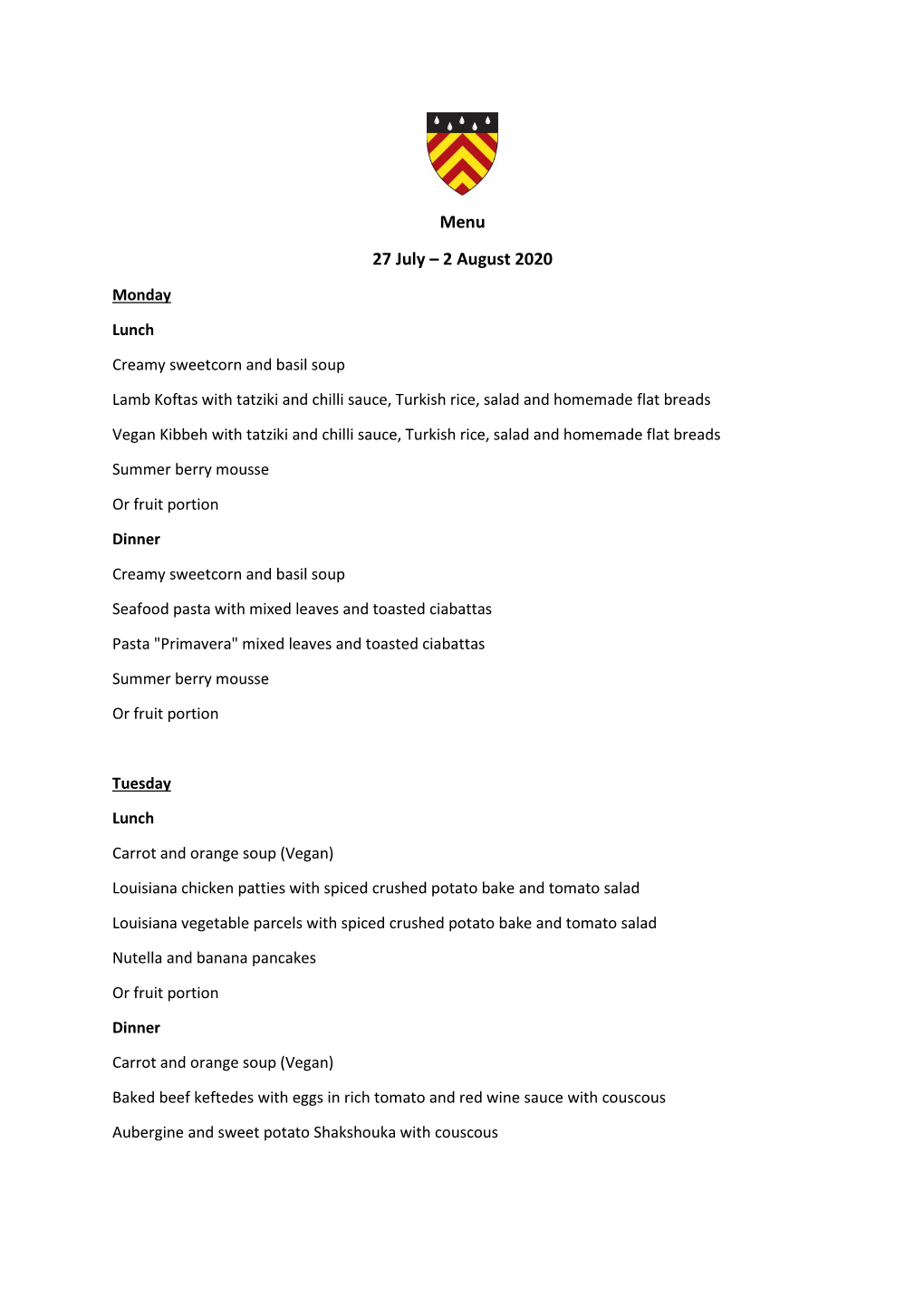 Menu 27 July – 2 August 2020