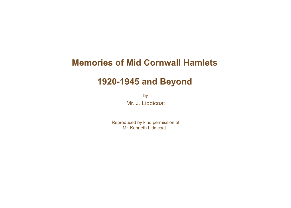 Memories of Mid Cornwall Hamlets 1920-1945 and Beyond Front Cover