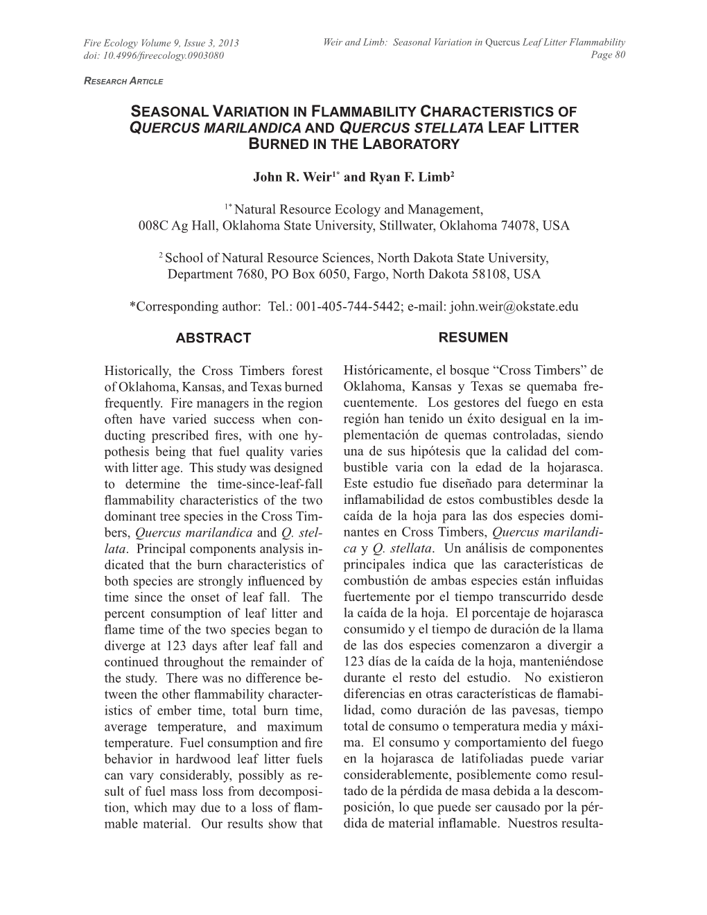 Seasonal Variation in Flammability of Quercus Marilandica and Quercus