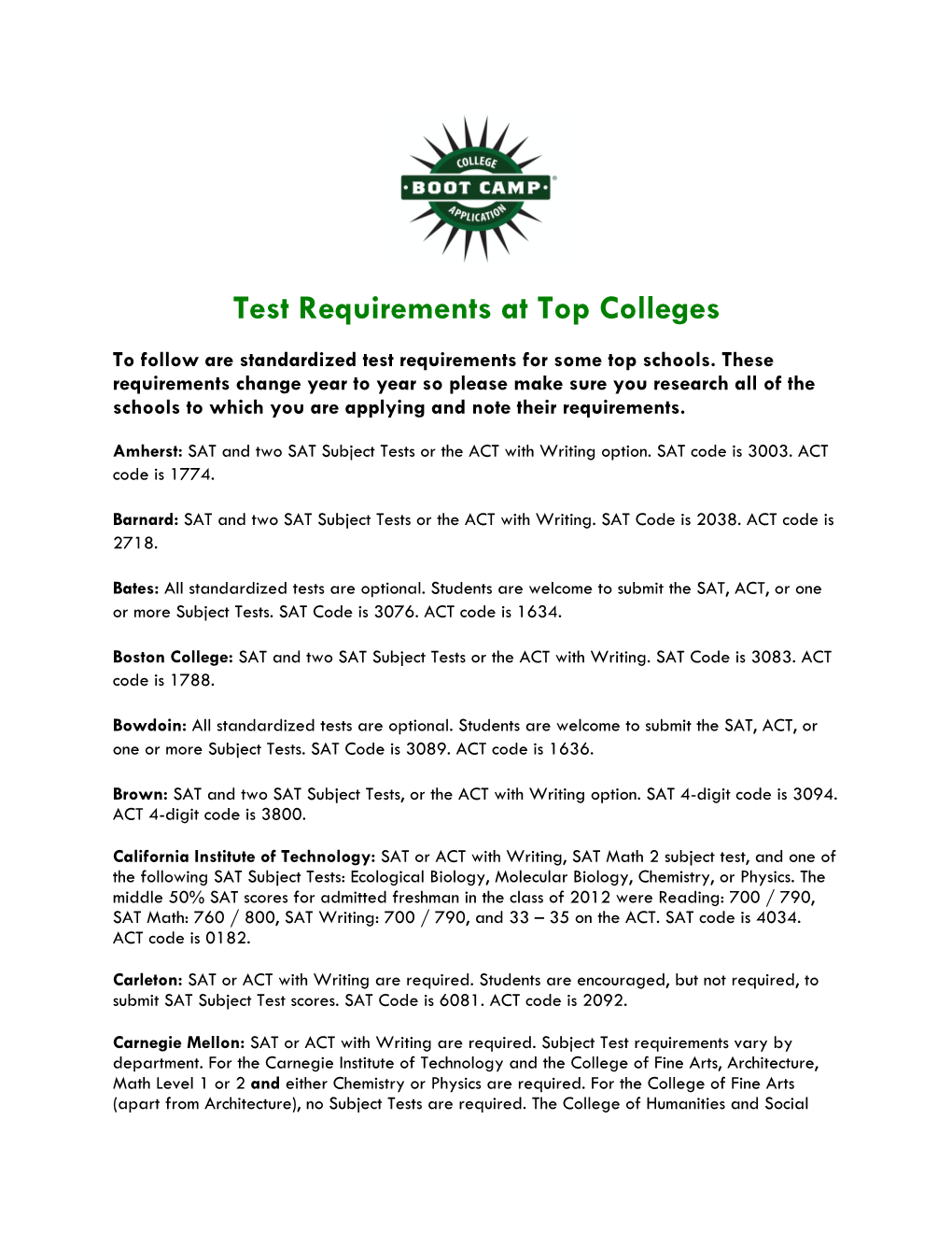 Standardized Test Requirements at Top Colleges