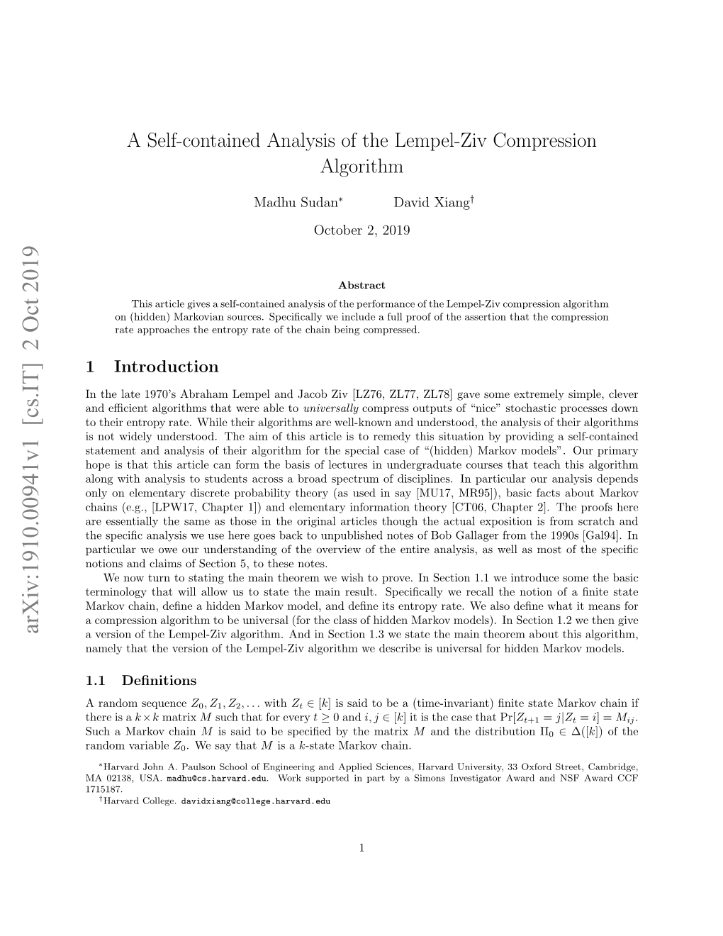 A Self-Contained Analysis of the Lempel-Ziv Compression Algorithm