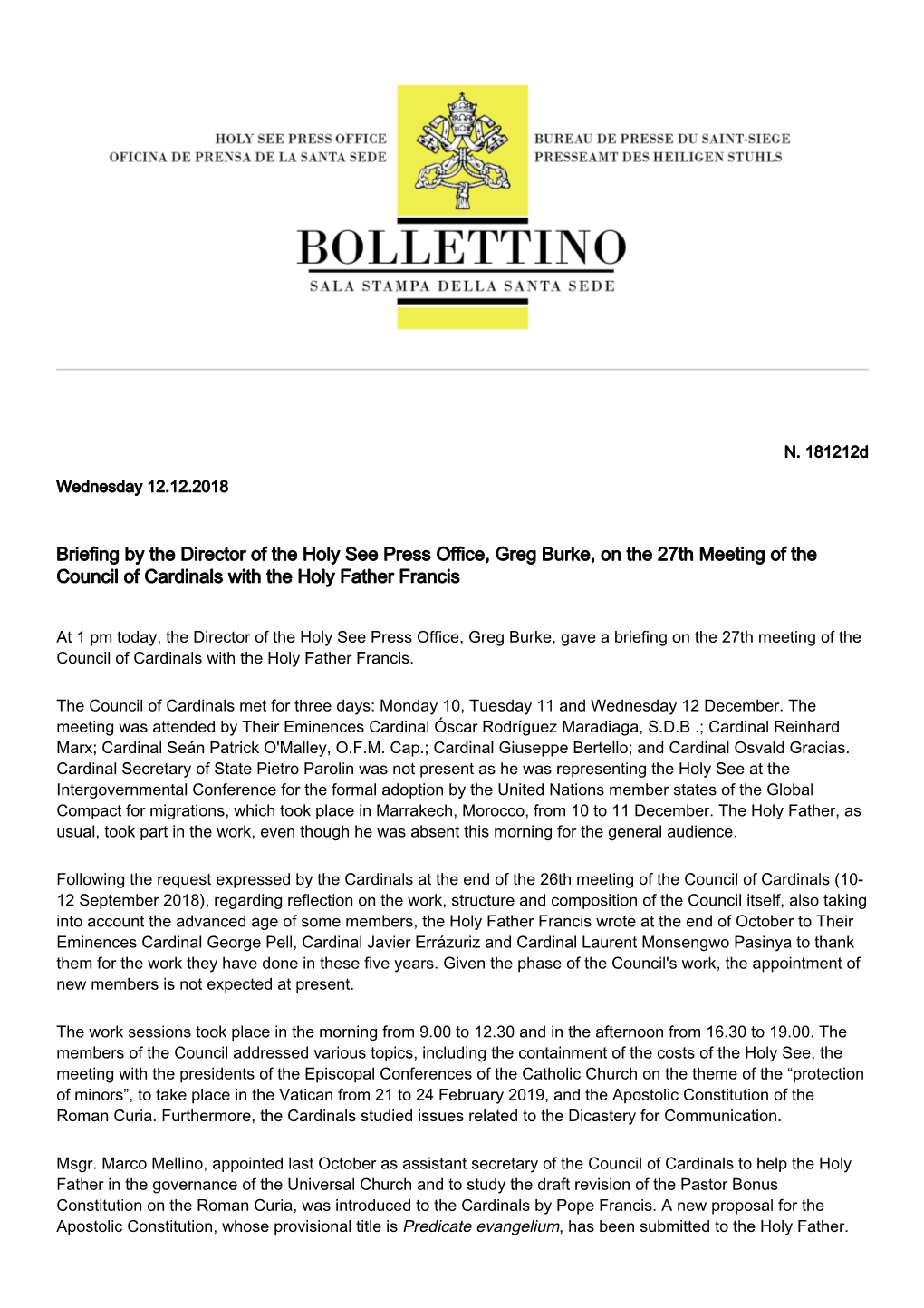 Briefing by the Director of the Holy See Press Office, Greg Burke, on the 27Th Meeting of the Council of Cardinals with the Holy Father Francis
