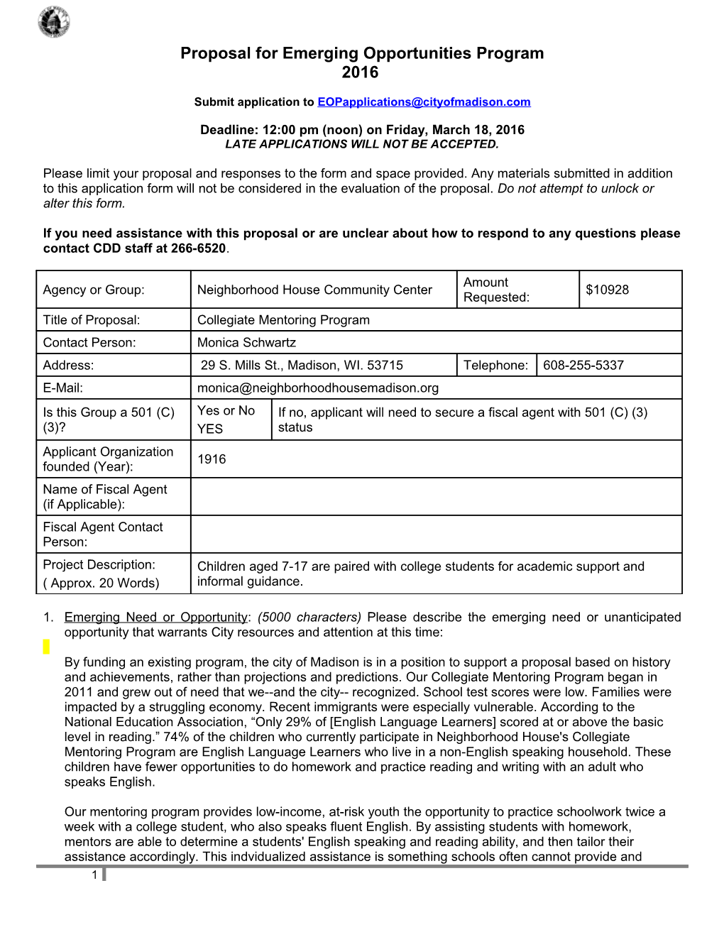 Proposal for Emerging Opportunities Program